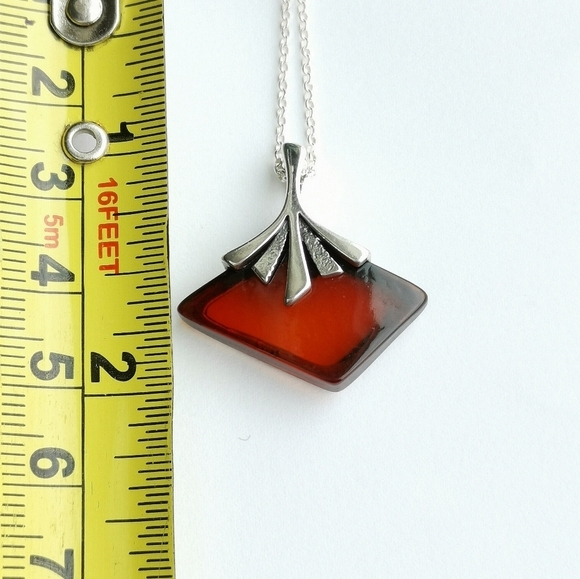 Sterling silver amber ginkgo leaf design pendant necklace 🆕 - Picture 7 of 8